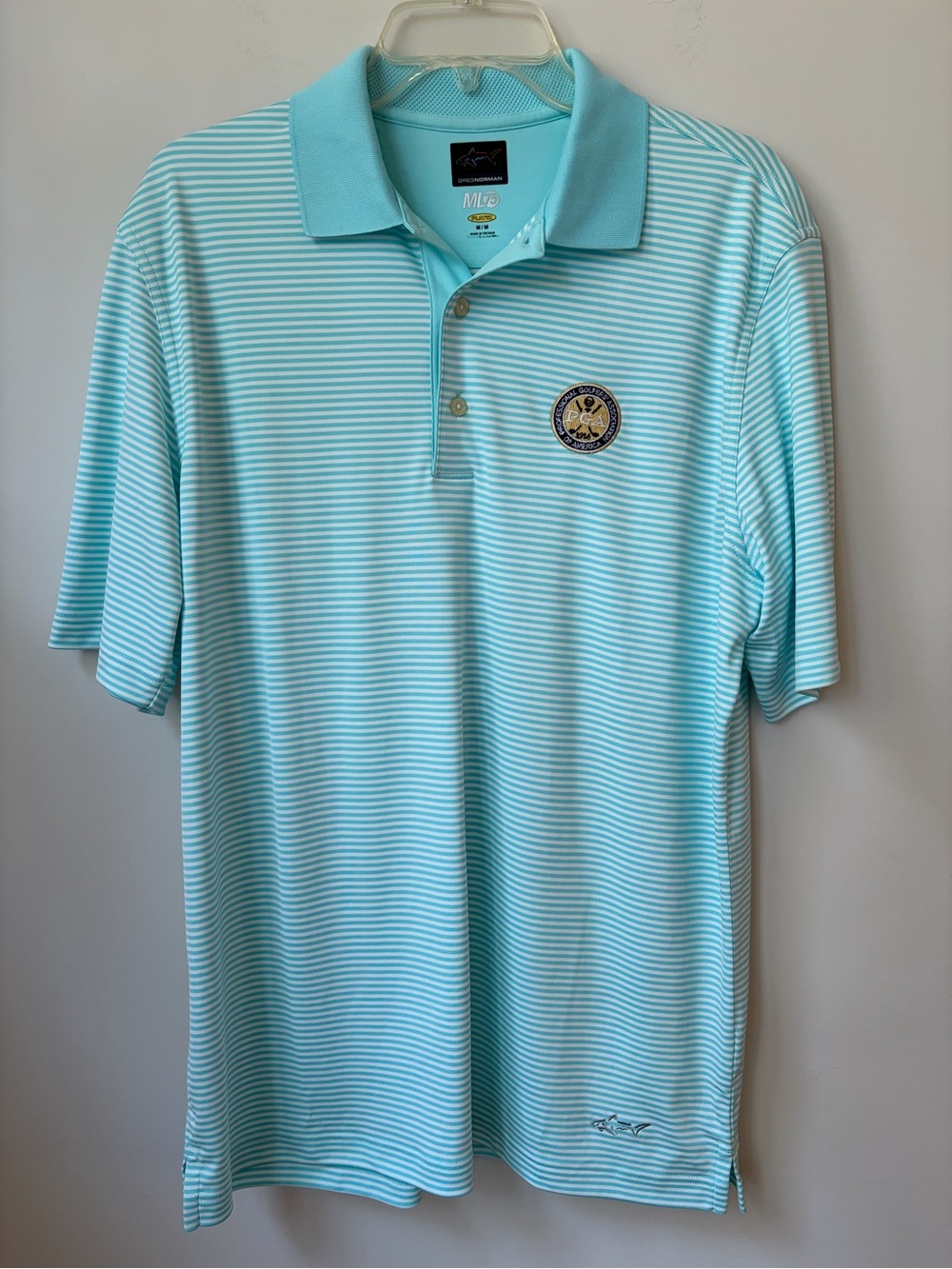 Greg Norman ML75 Polo Shirt Men M Blue white striped PGA logo  golf PlayDry